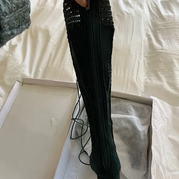 BNIB Dark Green Vegan Suede Sewed Knee Lace Up Boots with Block Heels