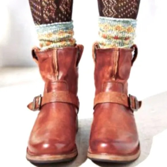 Boho FRYE Boots VICKY ARTISAN Harness Distressed Leather Whiskey Back Zip Size 8