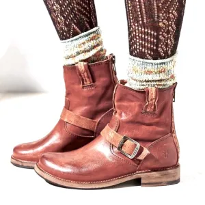 Boho FRYE Boots VICKY ARTISAN Harness Distressed Leather Whiskey Back Zip Size 8