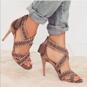 Boho Leather Tassels High Heel Sandal