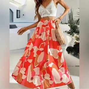 Boho Passion Floral Print High Waist Skirt, Casual Skirt
