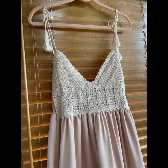 Boho Summer Crochet Maxi Dress, Tassel Adorned, Adjustable Tassel Tie Straps