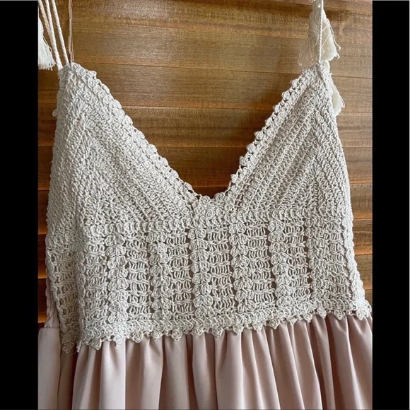 Boho Summer Crochet Maxi Dress, Tassel Adorned, Adjustable Tassel Tie Straps