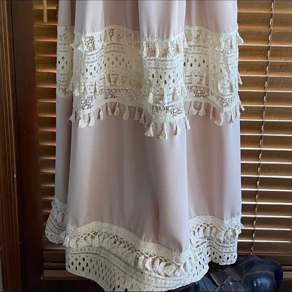Boho Summer Crochet Maxi Dress, Tassel Adorned, Adjustable Tassel Tie Straps