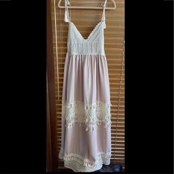 Boho Summer Crochet Maxi Dress, Tassel Adorned, Adjustable Tassel Tie Straps