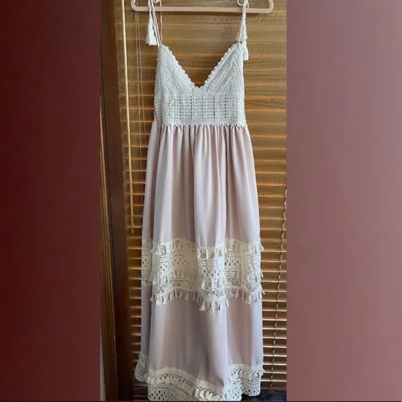 Boho Summer Crochet Maxi Dress, Tassel Adorned, Adjustable Tassel Tie Straps