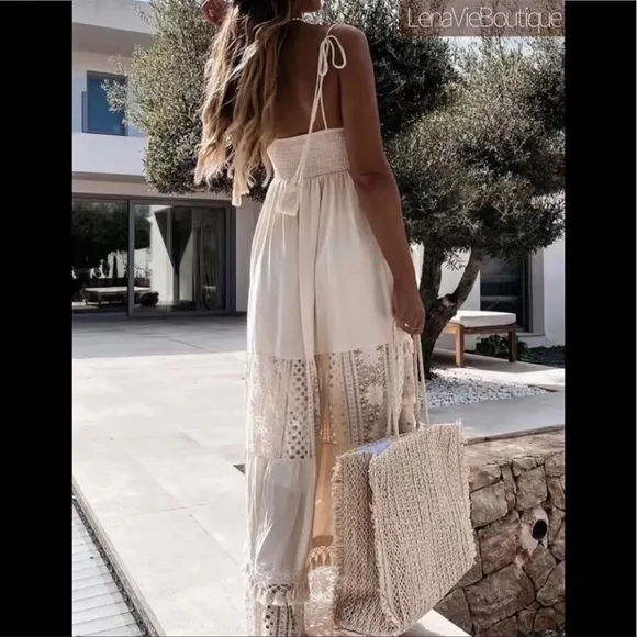 Boho Summer Crochet Maxi Dress, Tassel Adorned, Adjustable Tassel Tie Straps