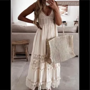 Boho Summer Crochet Maxi Dress, Tassel Adorned, Adjustable Tassel Tie Straps