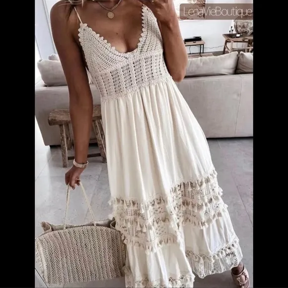 Boho Summer Crochet Maxi Dress, Tassel Adorned, Adjustable Tassel Tie Straps