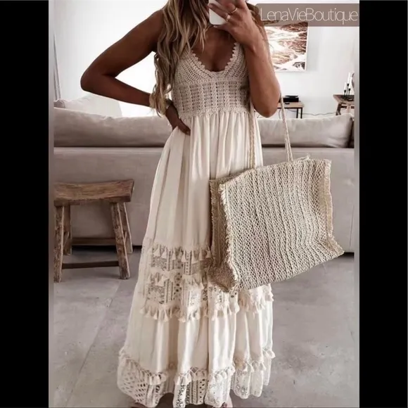 Boho Summer Crochet Maxi Dress, Tassel Adorned, Adjustable Tassel Tie Straps