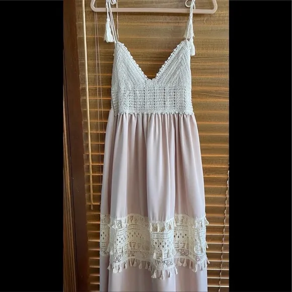 Boho Summer Crochet Maxi Dress, Tassel Adorned, Adjustable Tassel Tie Straps