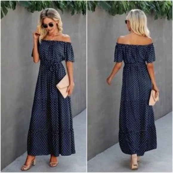 Boho Navy Blue polka dot off shoulder ruffle dress