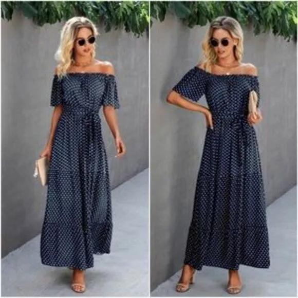 Boho Navy Blue polka dot off shoulder ruffle dress