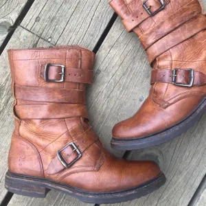 Boots FRYE VERONICA TANKER ENGINEER Combat Boho Distressed Leather Cognac Size 8