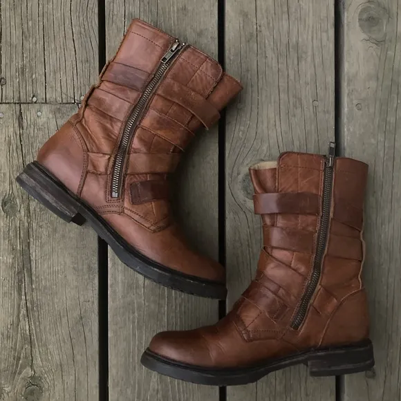 Boots FRYE VERONICA TANKER ENGINEER Combat Boho Distressed Leather Cognac Size 8