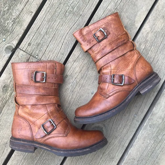 Boots FRYE VERONICA TANKER ENGINEER Combat Boho Distressed Leather Cognac Size 8