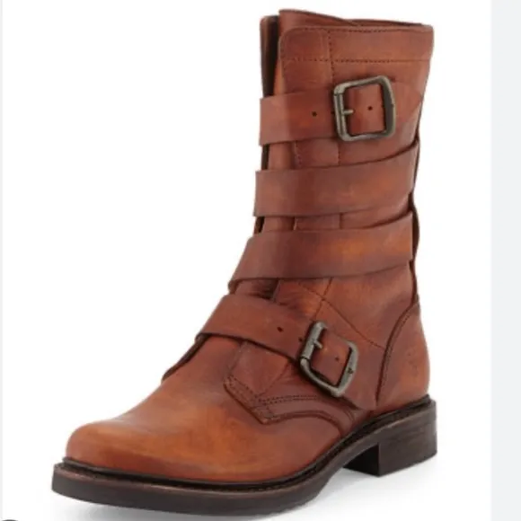 Boots FRYE VERONICA TANKER ENGINEER Combat Boho Distressed Leather Cognac Size 8