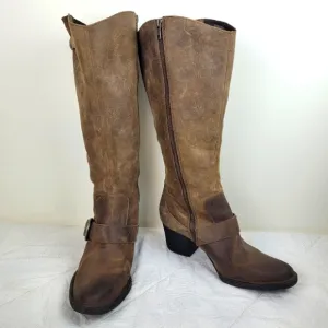 Born distressed brown leather tall boots buckle details heels western boho 10