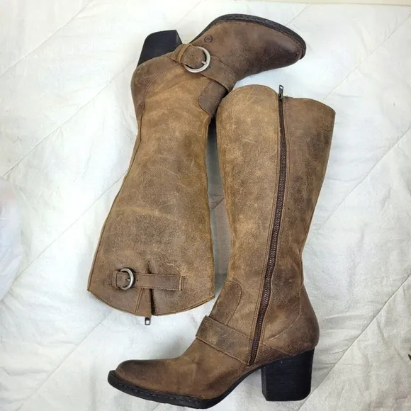 Born distressed brown leather tall boots buckle details heels western boho 10