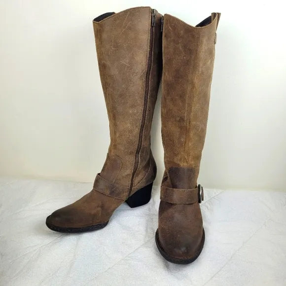 Born distressed brown leather tall boots buckle details heels western boho 10