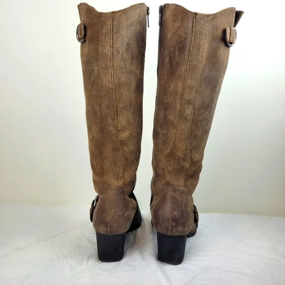 Born distressed brown leather tall boots buckle details heels western boho 10