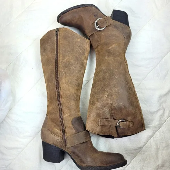 Born distressed brown leather tall boots buckle details heels western boho 10