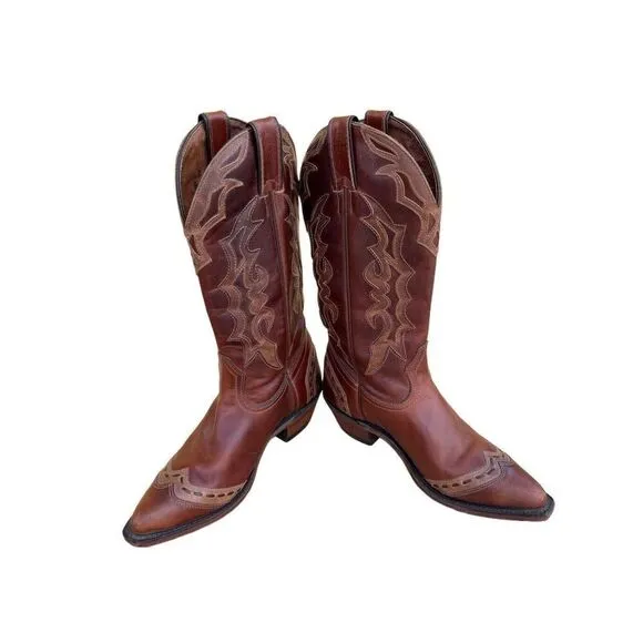 Boulet 2 Tone Brown Tan Cowboy Cowgirl Snip Toe Buckstitch Boots Women’s 6.5
