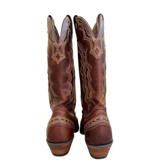 Boulet 2 Tone Brown Tan Cowboy Cowgirl Snip Toe Buckstitch Boots Women’s 6.5