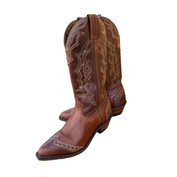 Boulet 2 Tone Brown Tan Cowboy Cowgirl Snip Toe Buckstitch Boots Women’s 6.5
