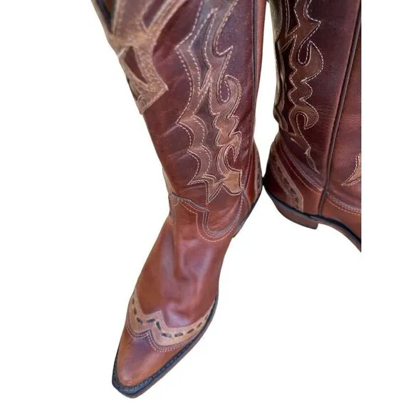 Boulet 2 Tone Brown Tan Cowboy Cowgirl Snip Toe Buckstitch Boots Women’s 6.5