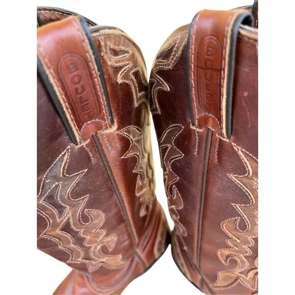 Boulet 2 Tone Brown Tan Cowboy Cowgirl Snip Toe Buckstitch Boots Women’s 6.5