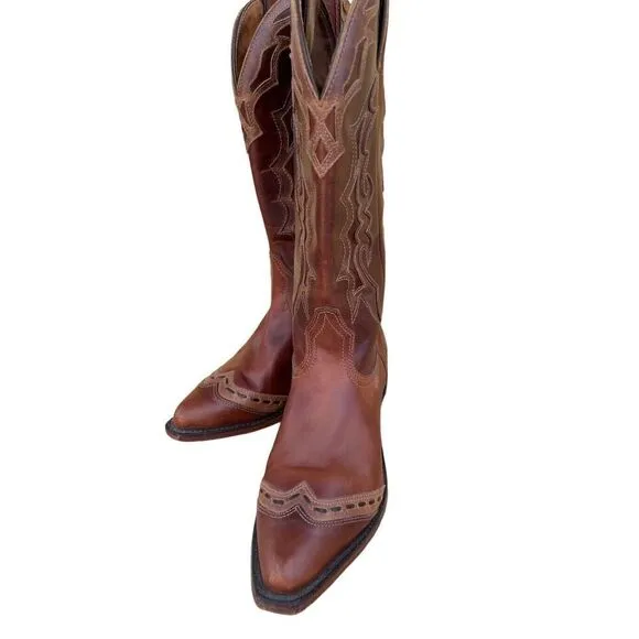 Boulet 2 Tone Brown Tan Cowboy Cowgirl Snip Toe Buckstitch Boots Women’s 6.5