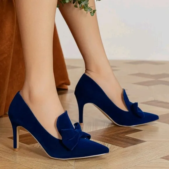 Bow Decor Velvet Stiletto Heeled Loafer Pumps,Solid Blue Bow Knot Design Fashion