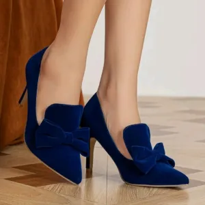Bow Decor Velvet Stiletto Heeled Loafer Pumps,Solid Blue Bow Knot Design Fashion