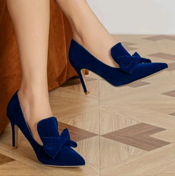 Bow Decor Velvet Stiletto Heeled Loafer Pumps,Solid Blue Bow Knot Design Fashion