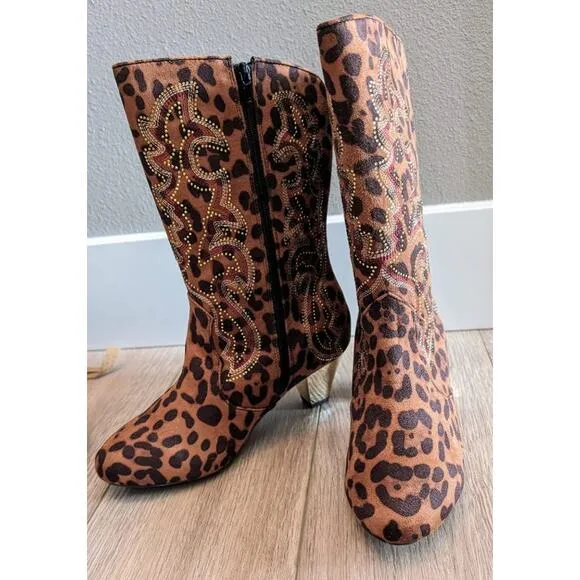 Brand New Joan Boyce Animal Print Mid-Calf Rhinestone Mirrored Heel Boots 7.5