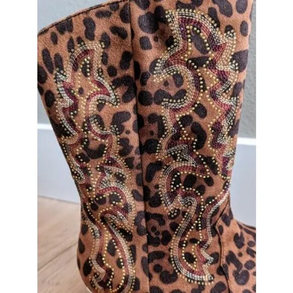 Brand New Joan Boyce Animal Print Mid-Calf Rhinestone Mirrored Heel Boots 7.5