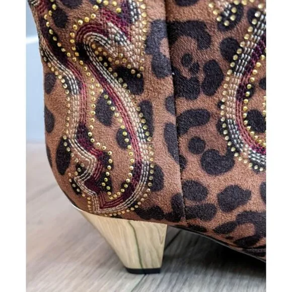Brand New Joan Boyce Animal Print Mid-Calf Rhinestone Mirrored Heel Boots 7.5