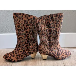 Brand New Joan Boyce Animal Print Mid-Calf Rhinestone Mirrored Heel Boots 7.5
