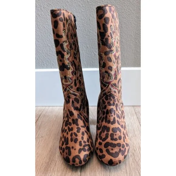 Brand New Joan Boyce Animal Print Mid-Calf Rhinestone Mirrored Heel Boots 7.5
