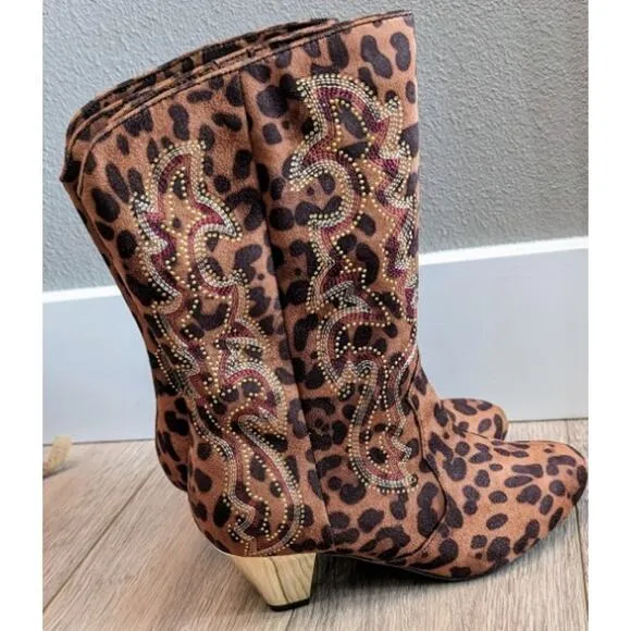 Brand New Joan Boyce Animal Print Mid-Calf Rhinestone Mirrored Heel Boots 7.5
