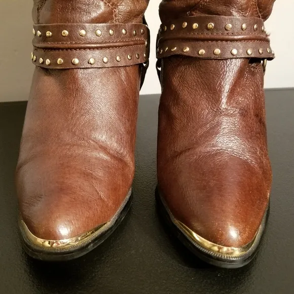BROWN LEATHER STUDDED HARNESS BOOTS HEELS DINGO PUNK Y2K WESTERN COWGIRL HIPSTER