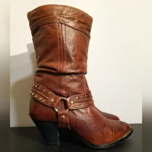 BROWN LEATHER STUDDED HARNESS BOOTS HEELS DINGO PUNK Y2K WESTERN COWGIRL HIPSTER