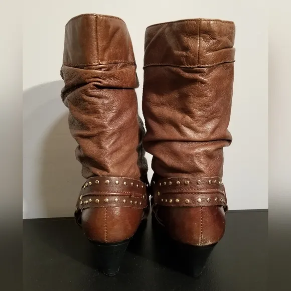 BROWN LEATHER STUDDED HARNESS BOOTS HEELS DINGO PUNK Y2K WESTERN COWGIRL HIPSTER