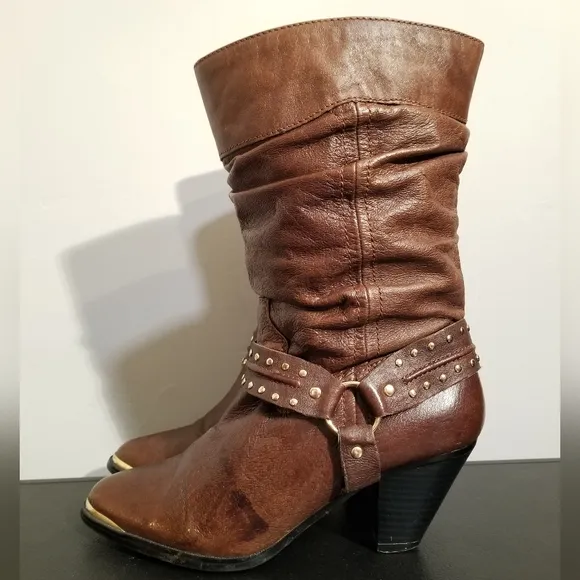BROWN LEATHER STUDDED HARNESS BOOTS HEELS DINGO PUNK Y2K WESTERN COWGIRL HIPSTER
