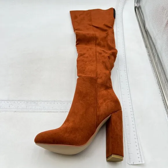 Brown Women Over The Knee Chunky High Heels Stretch Thigh High Zipper Long Boot