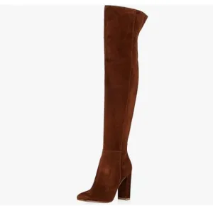 Brown Women Over The Knee Chunky High Heels Stretch Thigh High Zipper Long Boot