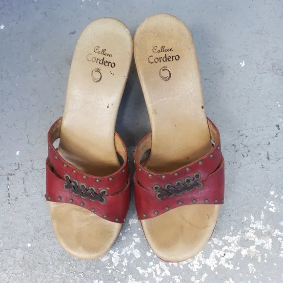Calleen Cordero red Leather boho Wood Slides Heels studded lace up sandals 9