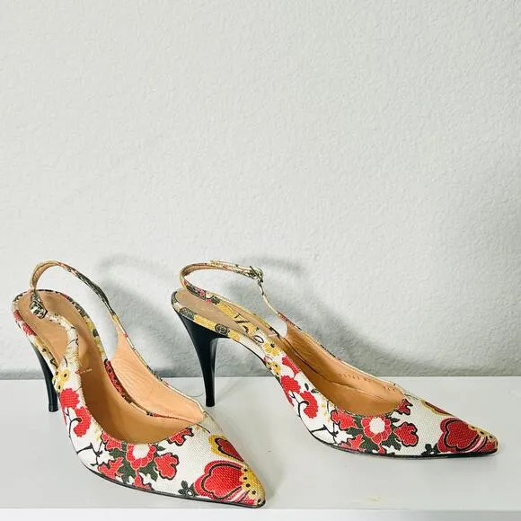 Casadei Canvas Slingback Floral Classic Designer Pump Cone Stiletto Heel Sz 10