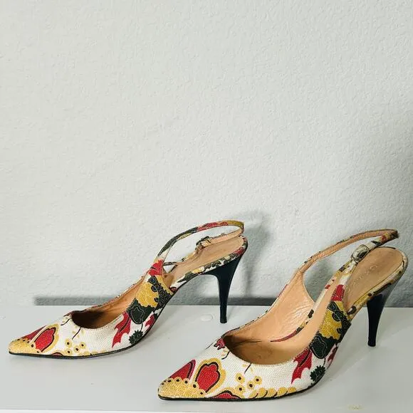 Casadei Canvas Slingback Floral Classic Designer Pump Cone Stiletto Heel Sz 10